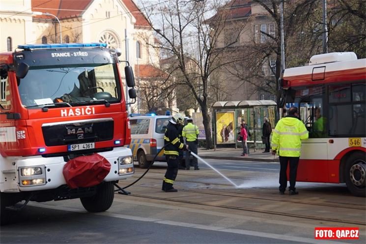 Srážka tramvaje s chodkyní na Chodském náměstí. 