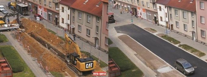 V průběhu a po. Na snímku je vidět postup prací během zhruba tří týdnů.