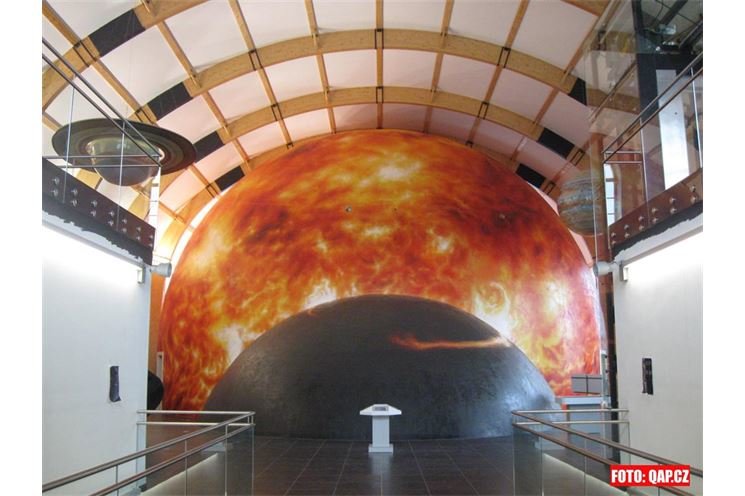 Kopule 3D planetária a menší Science on Sphere. Velká kopule jako Slunce a zavěšené planety v modelu sluneční soustavy. 