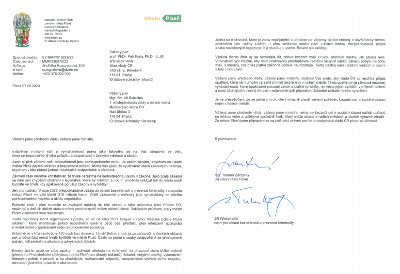 Plzeňský primátor s radním žádají v otevřeném dopise premiéra o možnost vykázat problémové osoby